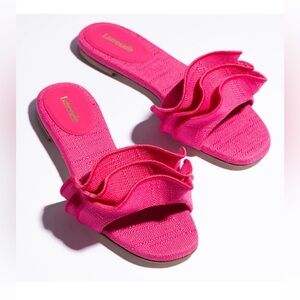 Larroude Pink Ruffle Sandals